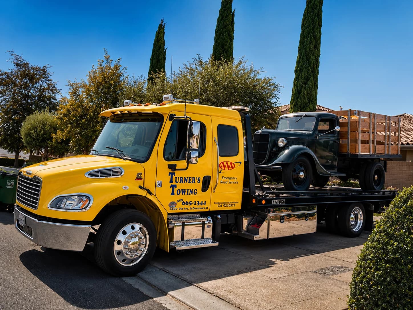 Turner's Towing flatbed truck carrying a classic vehicle