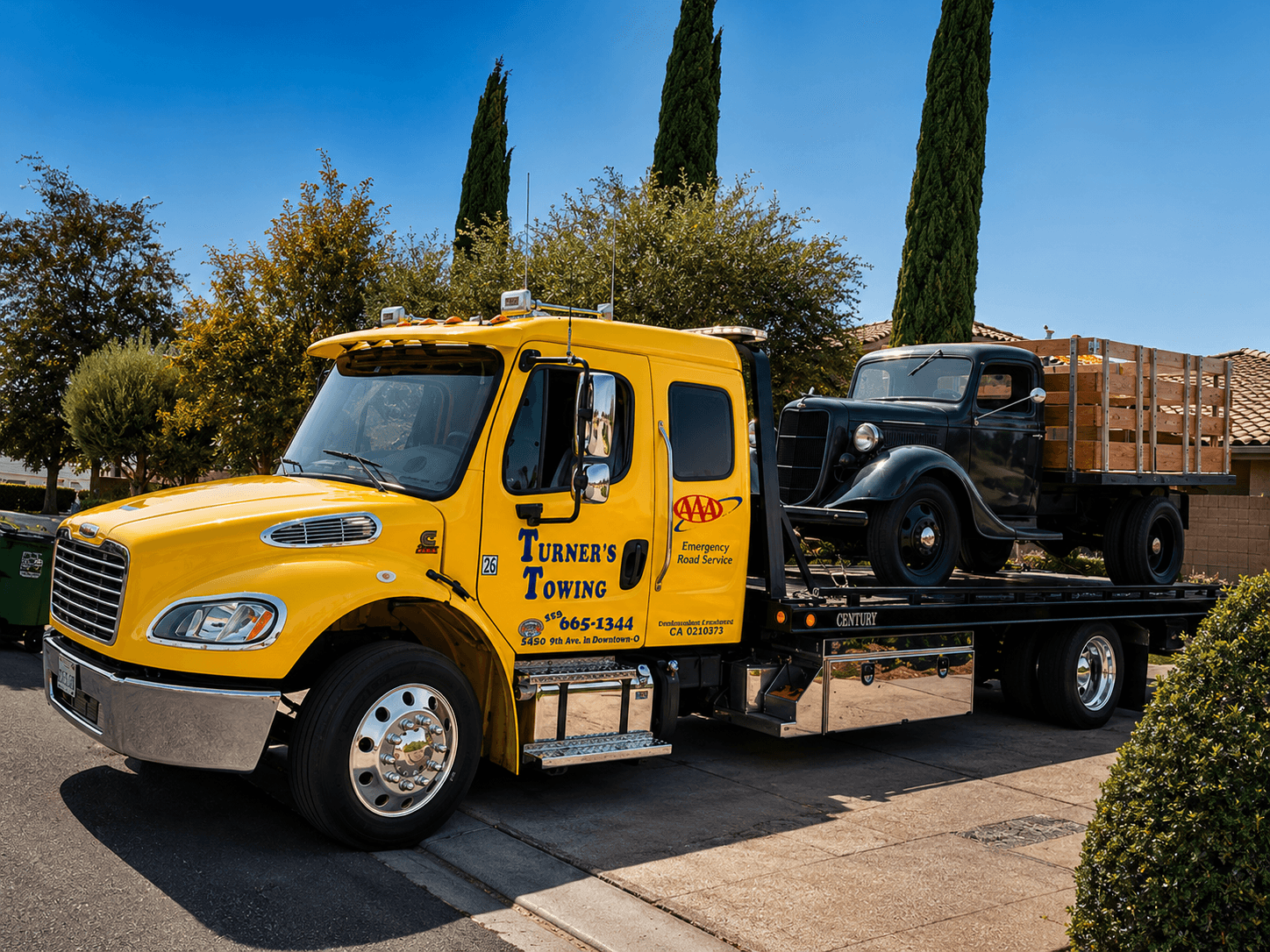 Turner's Towing flatbed truck carrying a classic vehicle